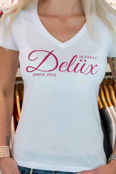 Jenny Delüx Damen T-Shirt weiß mit Glitzerschrift 23