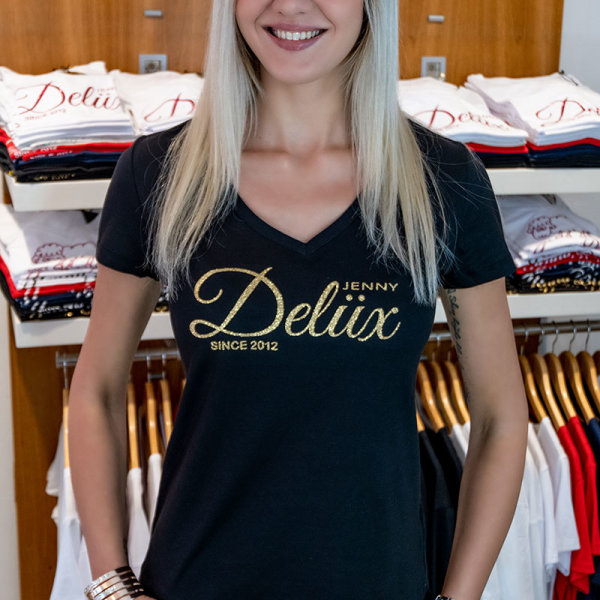 Jenny Delüx Damen T-Shirt schwarz mit goldener Glitzerschrift 26