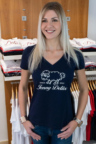 Jenny Delüx Damen T-Shirt blau mit weißem Schäfchen